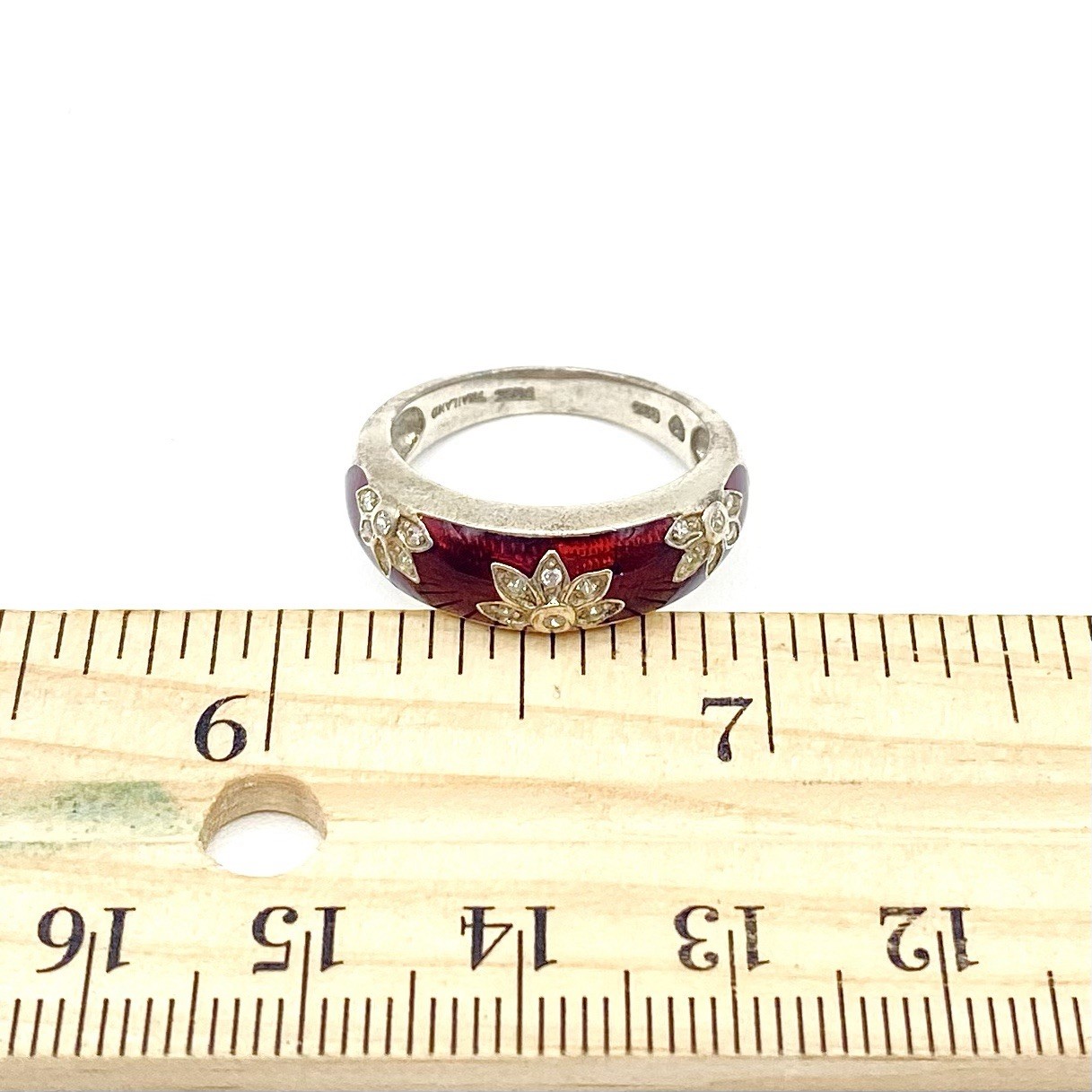 Vintage Sterling Silver 925 Dark Red Enamel CZ Crystal Ring Lotus Flower Size 7