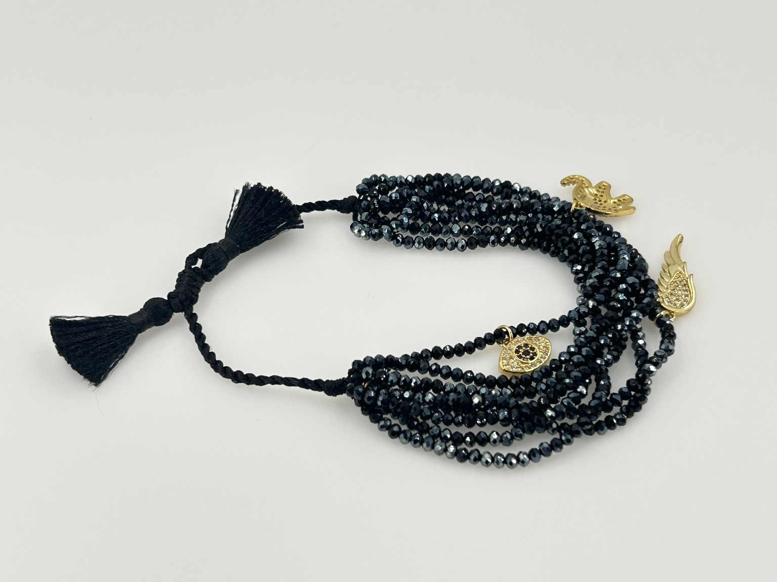 HSN JK NY Gold-Tone Protect Black Beaded Charm Adjustable Bracelet