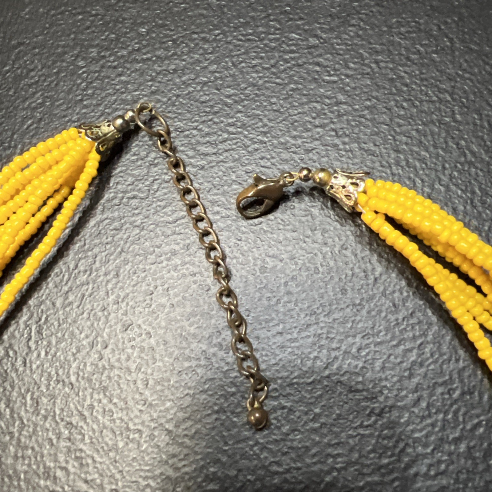Vintage Brass-tone Yellow Glass Sead Bead Necklace Multistrand 21″