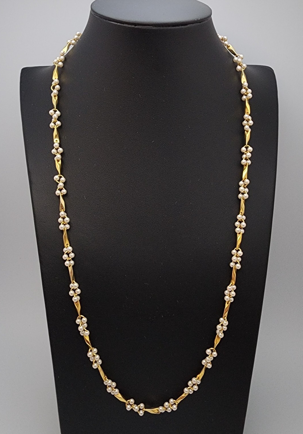 Vtg Pearl Bead Cluster Stations Necklace Twisted Bar Link Gold Tone Dainty 3
