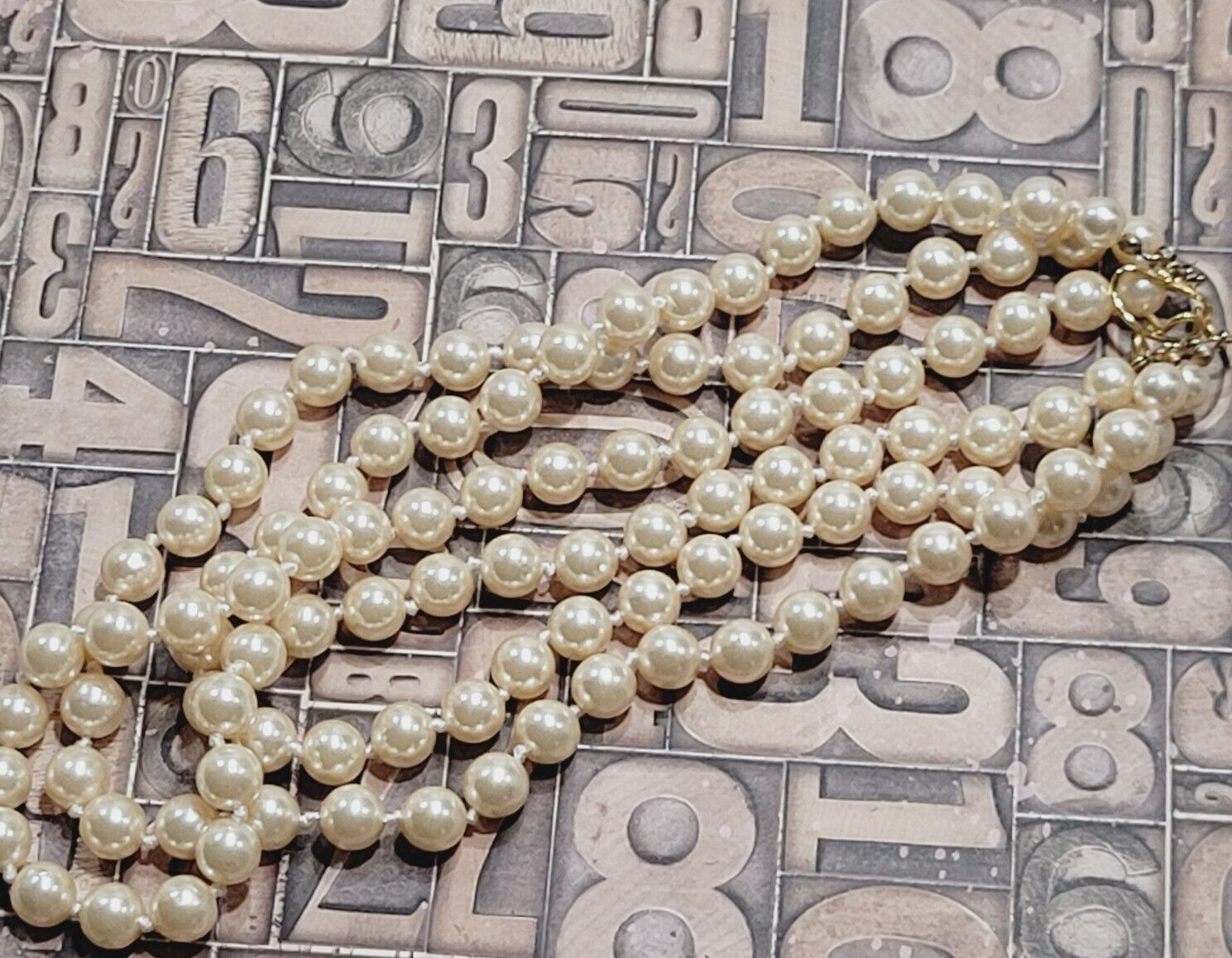 Triple Strand Off White Faux Pearl Knotted Necklace with Gold Tone Clasp 15 Inch