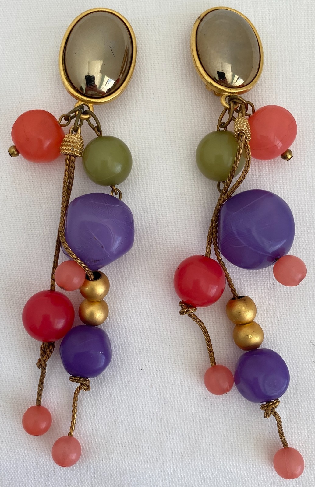 Vintage Colorful Fruit Salad Beaded Dangle Gold Tone Clip On Earrings Statement