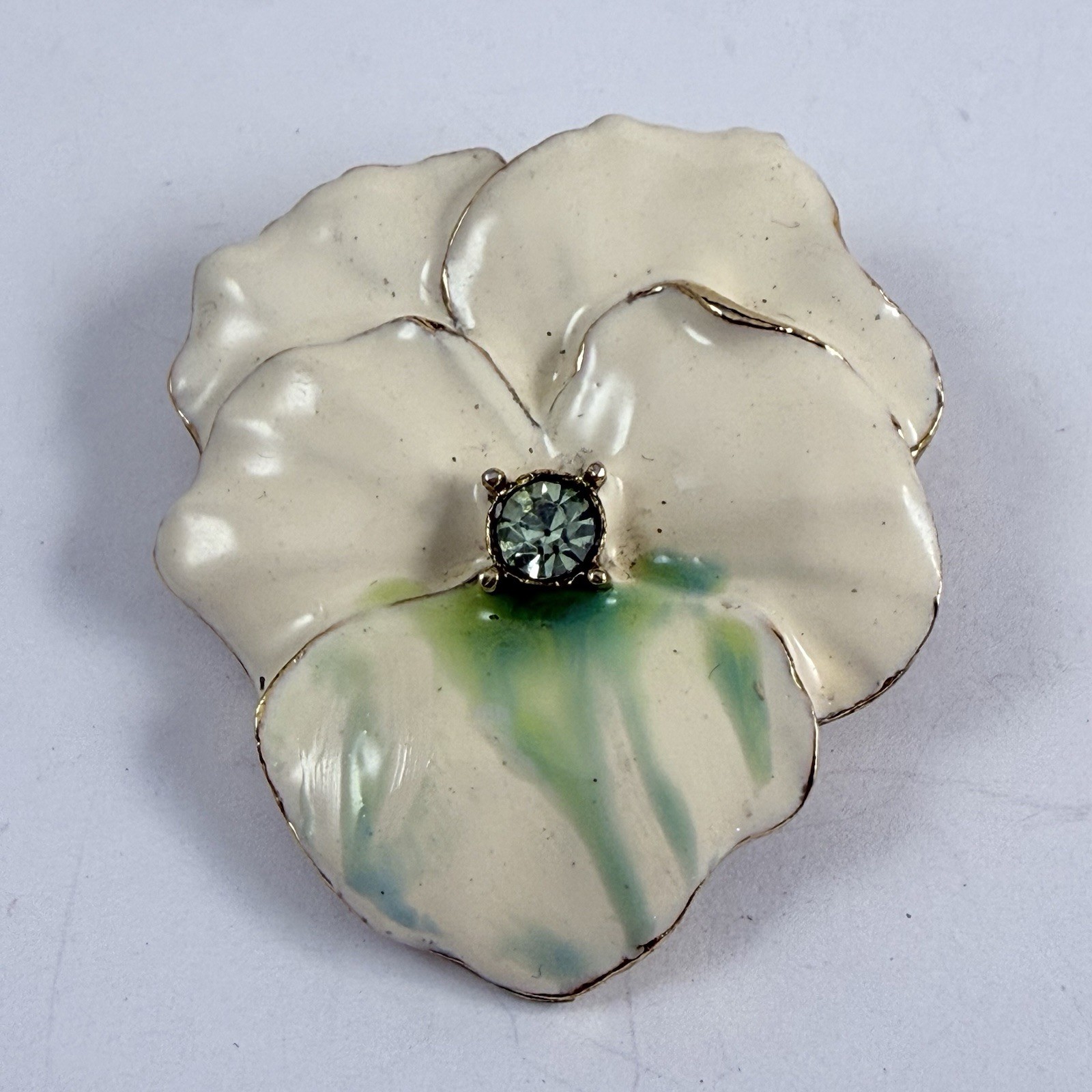 Vintage Enameled Off White & Green Rhinestone Pansy Flower Brooch Pendant