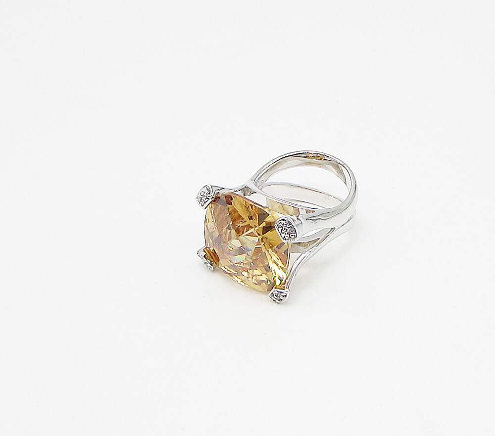 925 Sterling Silver Citrine & White Cubic Zirconia Cocktail Ring Sz 7 RG3441