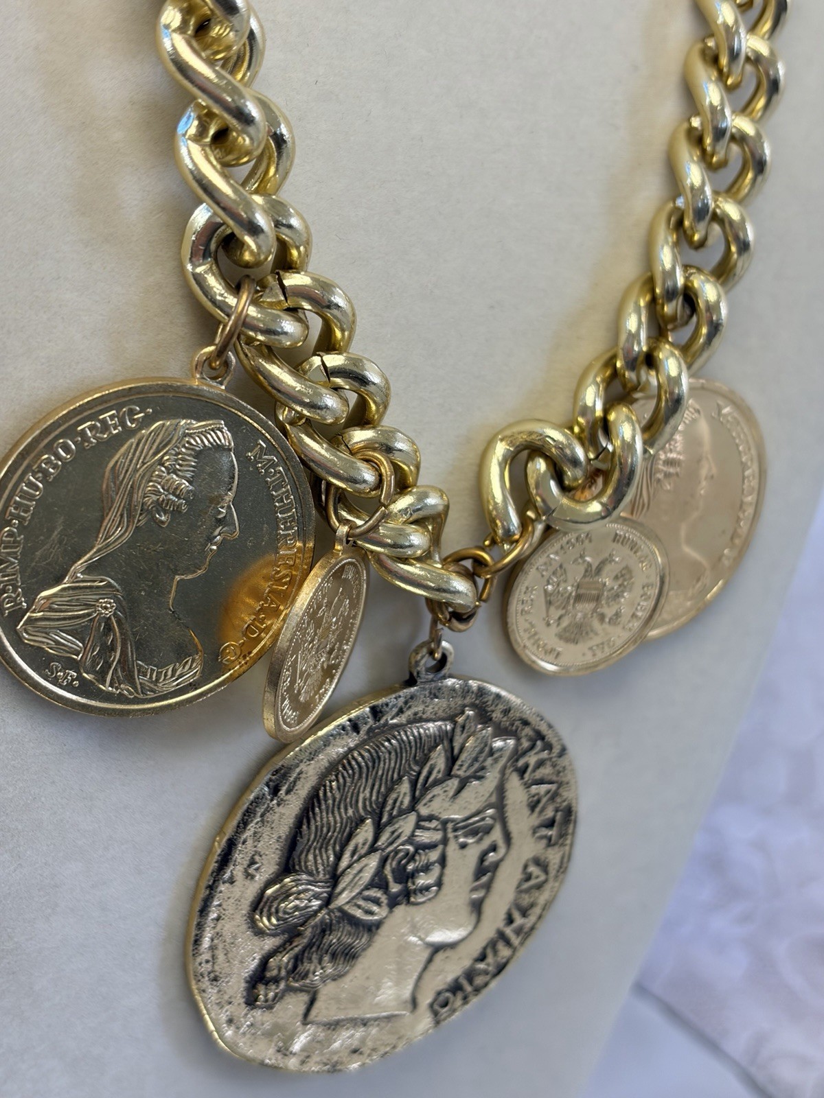 Vintage Heavy Chunky Gold Tone Roman Coin Necklace 128g Runway Statement Jewelry