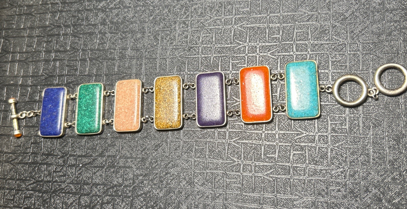 VTG Sterling Silver Multi Natural Crushed Gemstone Panel Bracelet Rectangle 925