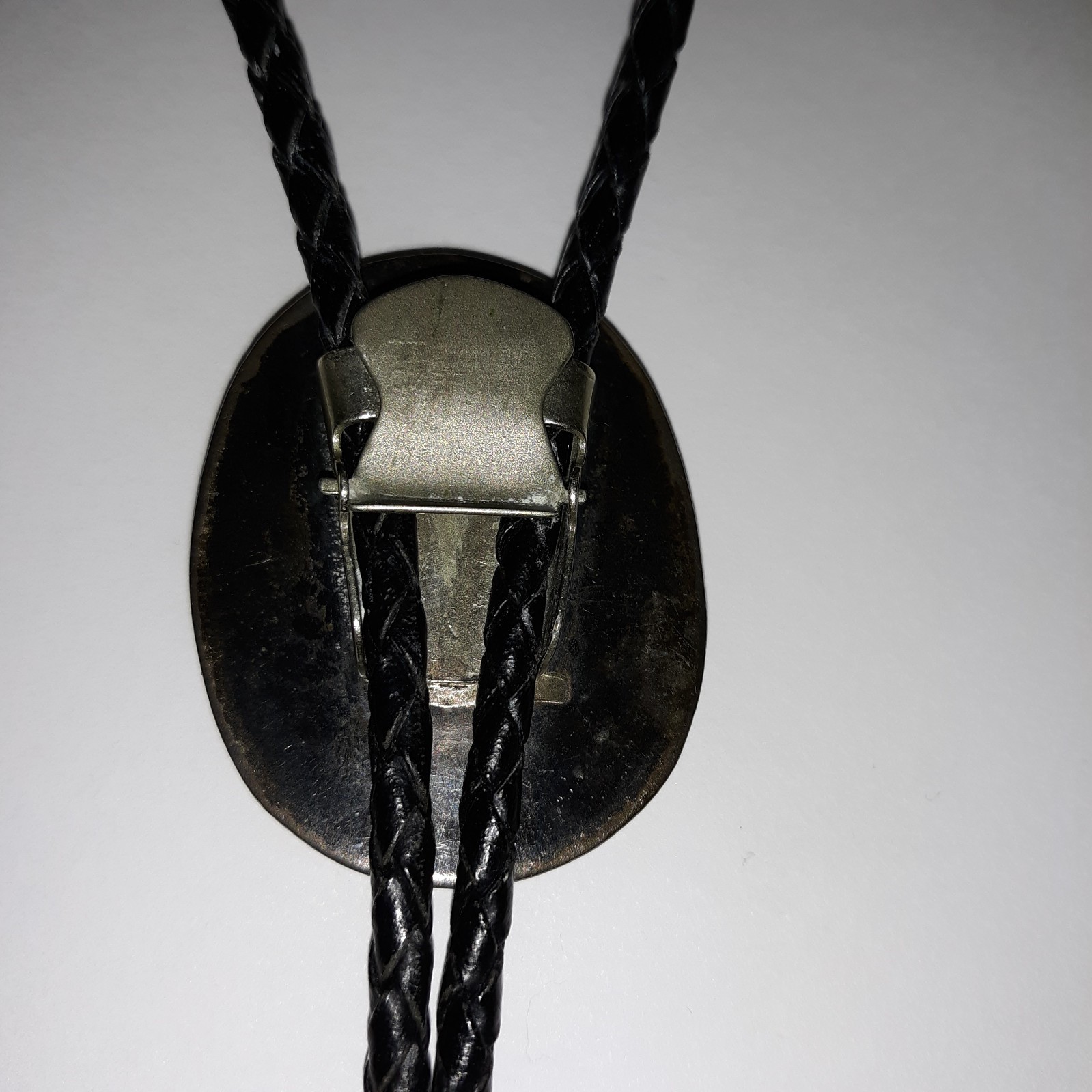Vtg Bennett Pat Pend Bolo Tie Slide Turquoise Silver Black Leather Cord L 18″