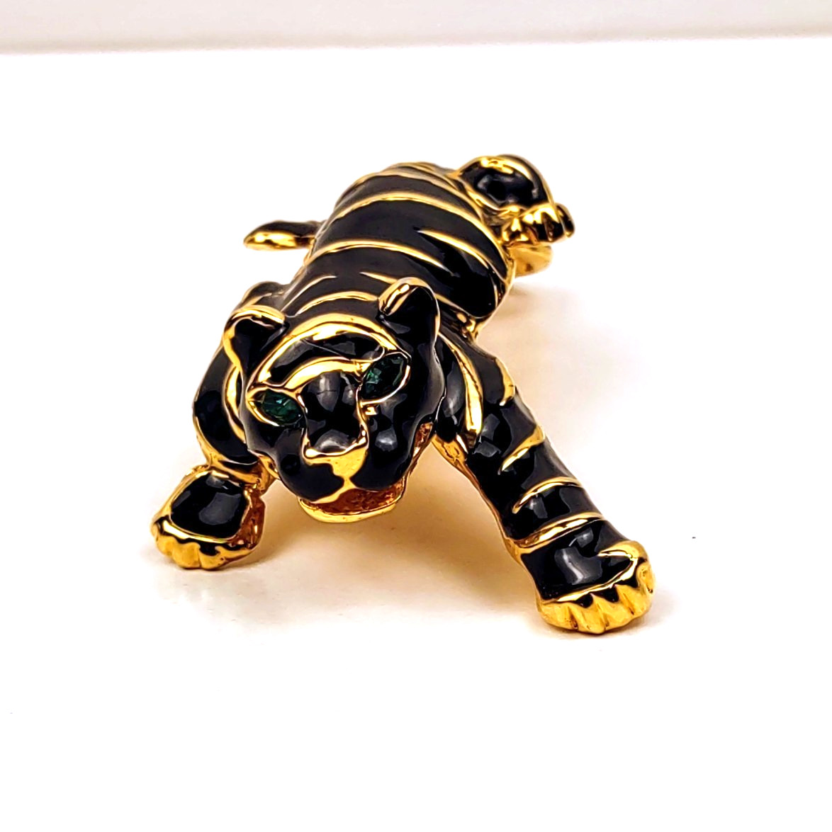 Tiger Brooch Black Enamel Gold Colored Metal Stripes Green Rhinestone Eyes 4.5″