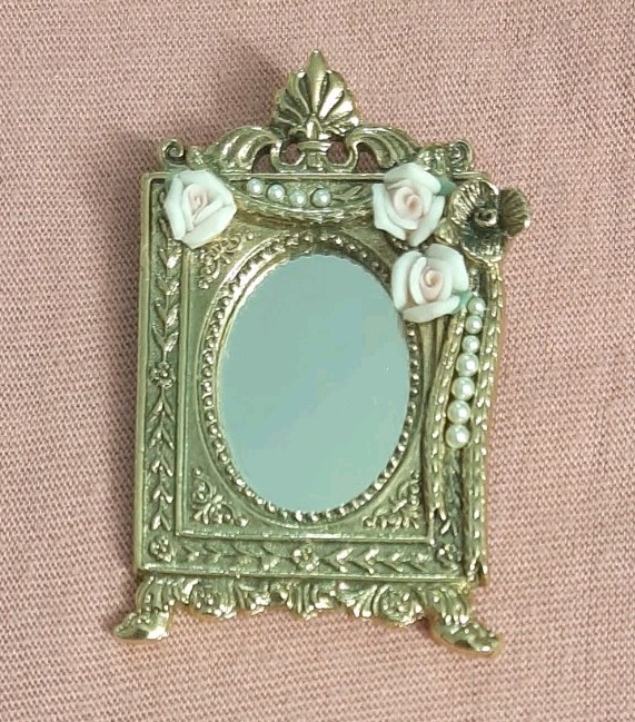 BEAUTIFUL Vintage Ornate Mirror Vanity w/ Porcelain Roses Flowers Brooch Pin