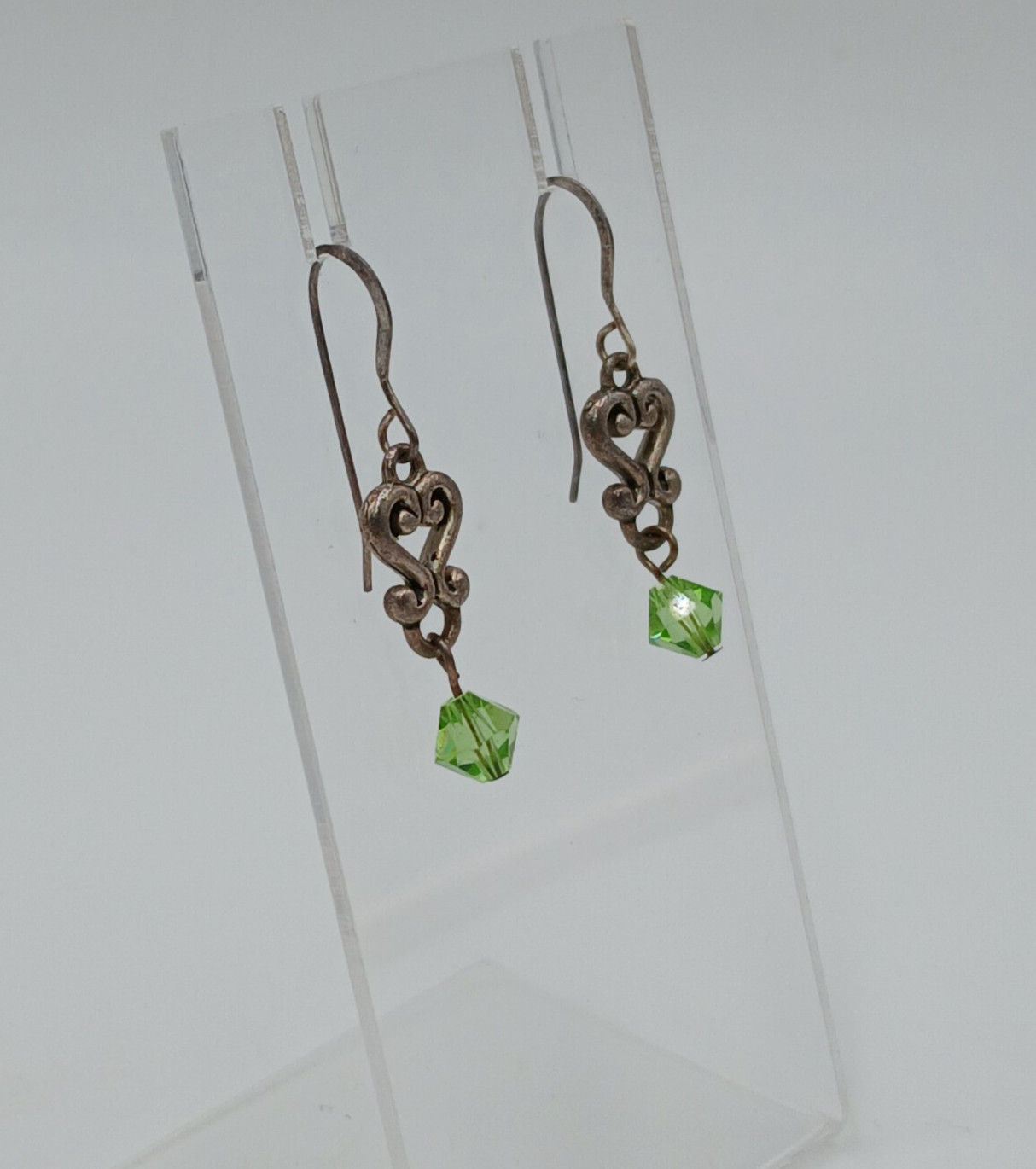 VTG 925 Green Bicone Crystal Earrings 1.25in Drop Sterling Silver Heart Scroll