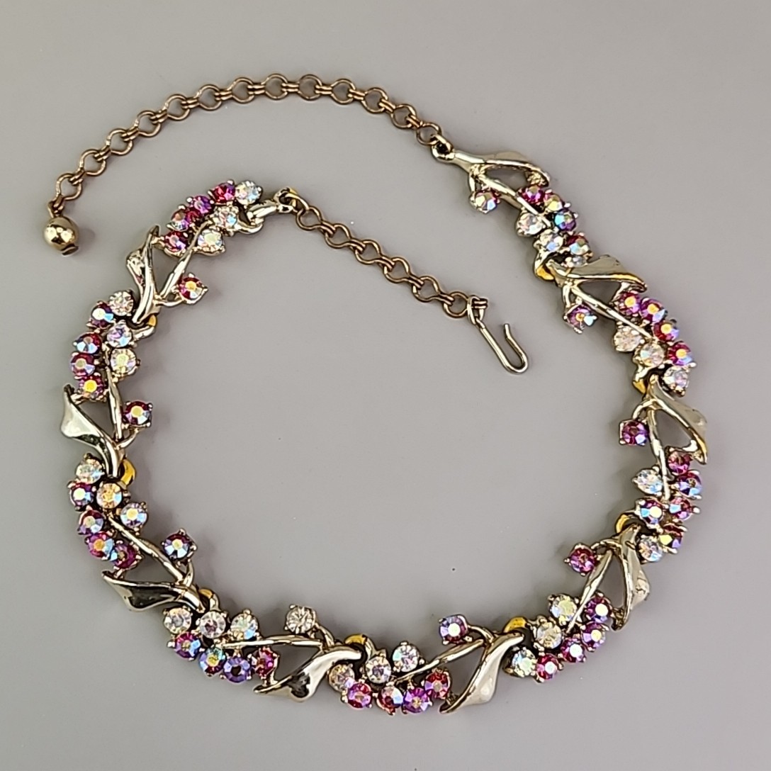 Vintage BSK Rhinestone Necklace AB Red Gold Tone Choker 16″