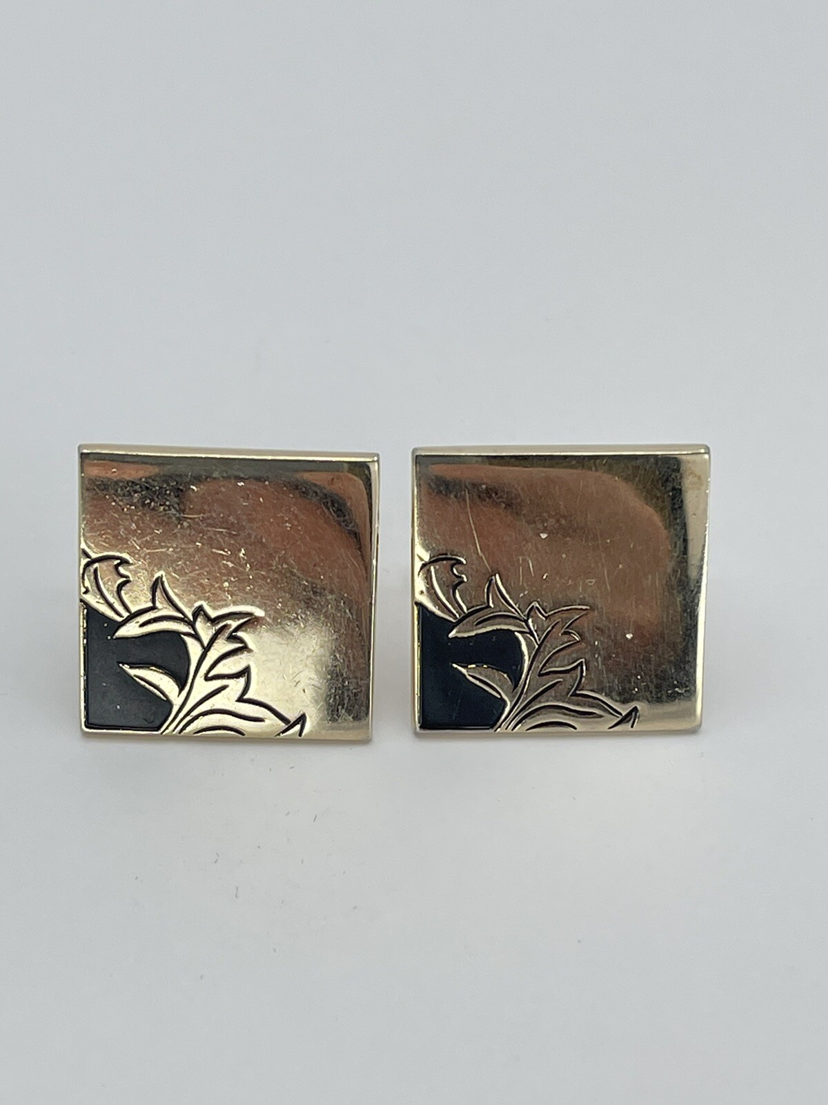 Vintage Swank square mens cufflinks raised etched leaf motif with black enamel