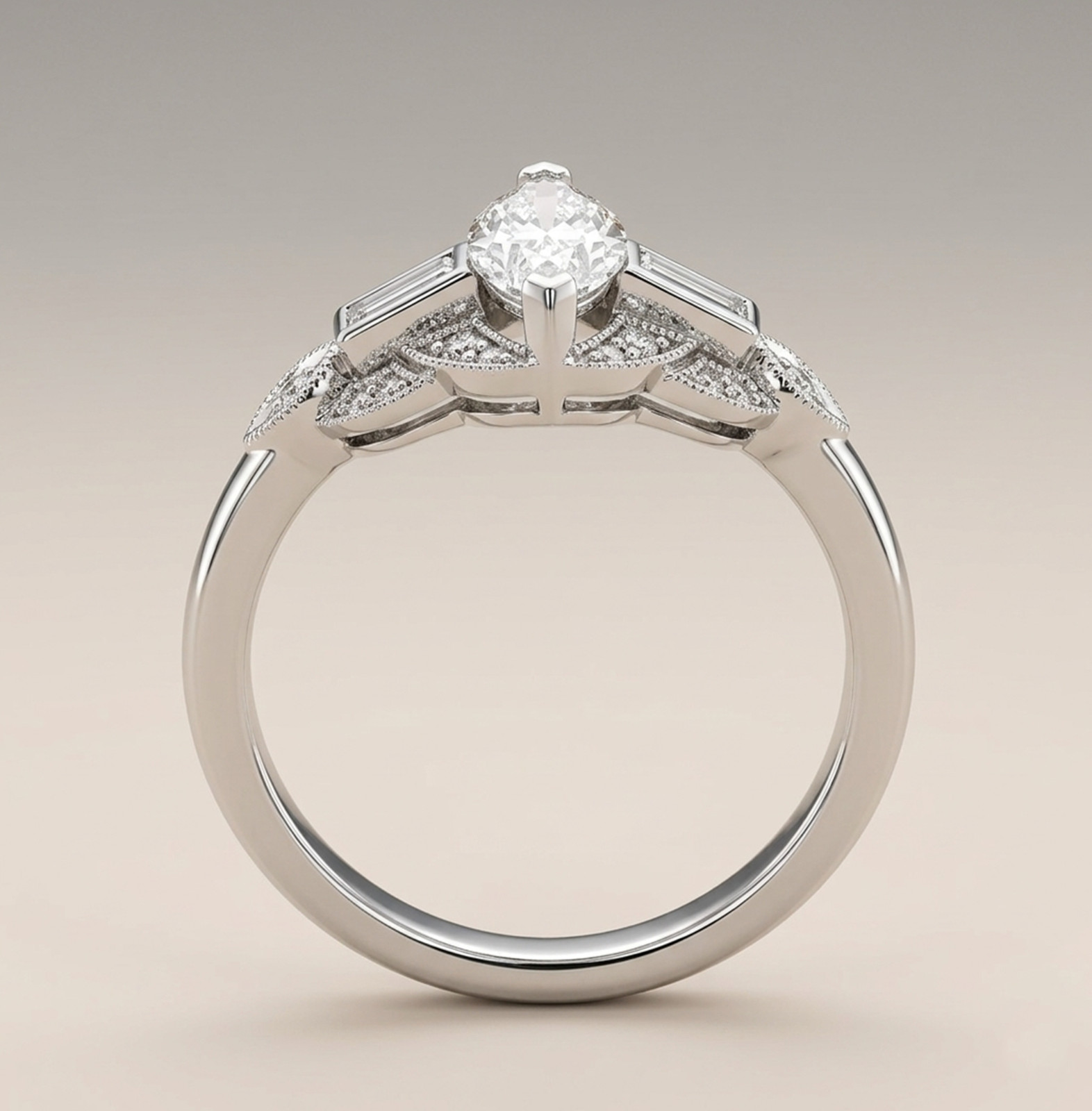 Marquise & Baguette Cut Moissanite Stone Art Deco Engagement Ring In 925 Silver