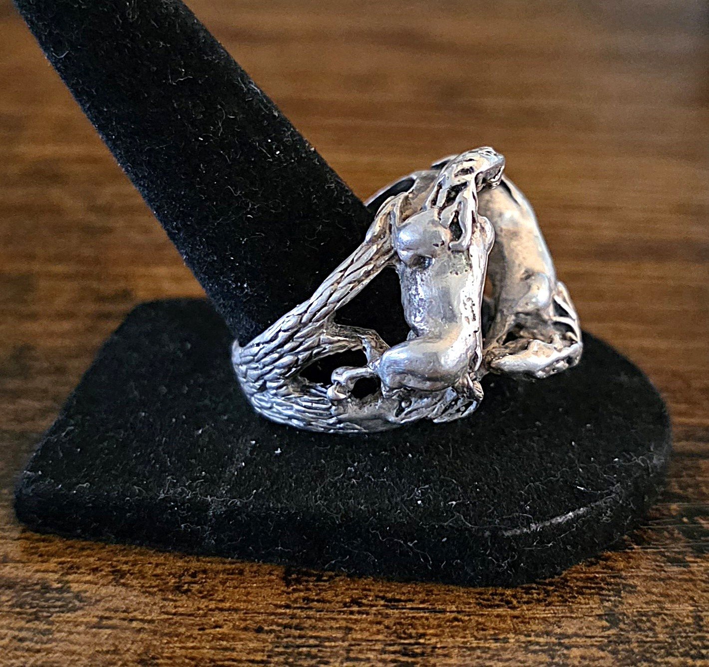 Unique VTG Battling Horses Sterling Silver 925 Equestrian Brutalist Ring sz 10.5