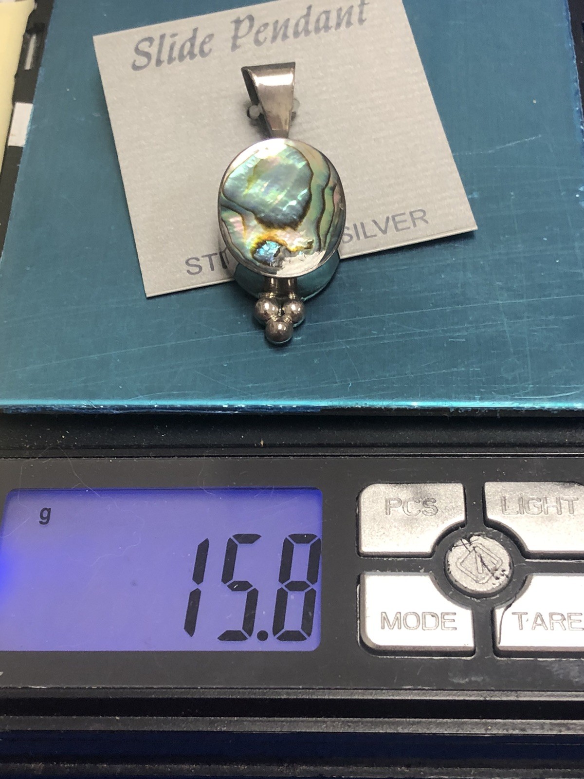 VTG STERLING SILVER ATI MEXICO 925 ABALONE SHELL 1.7″ LONG HEAVY NWT NOS PENDANT