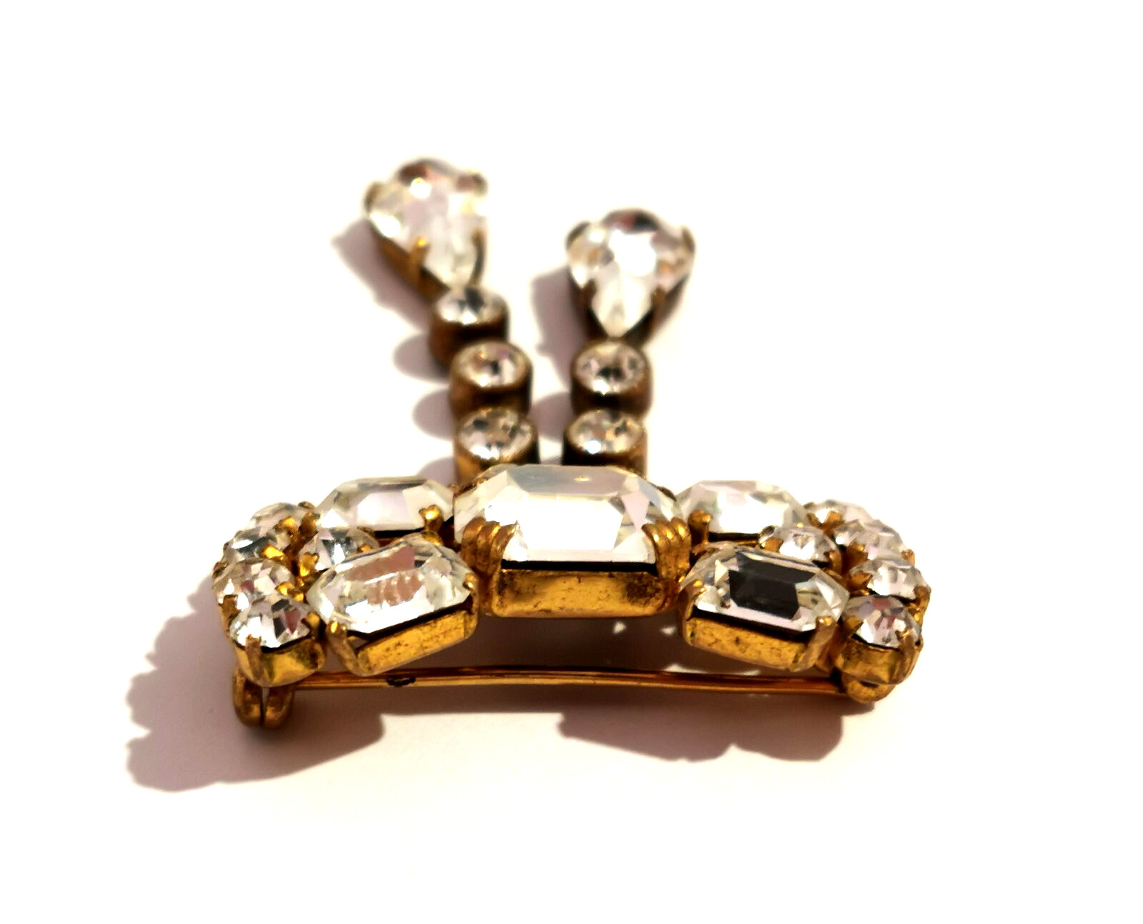 Vintage Czech Brooch Rhinestones Clear Colorless Two Glass Pendants Beautiful