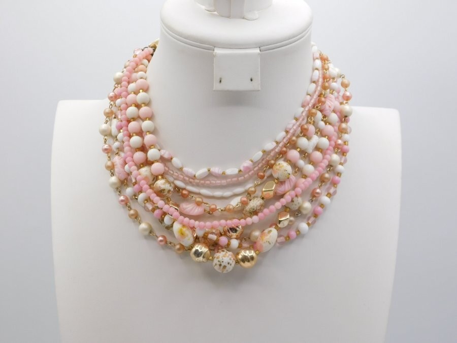 A808-VINTAGE NECKLACE~BEADED/MULTI STRAND~BOHO/CHIC~GLASS/METAL~14″-16″