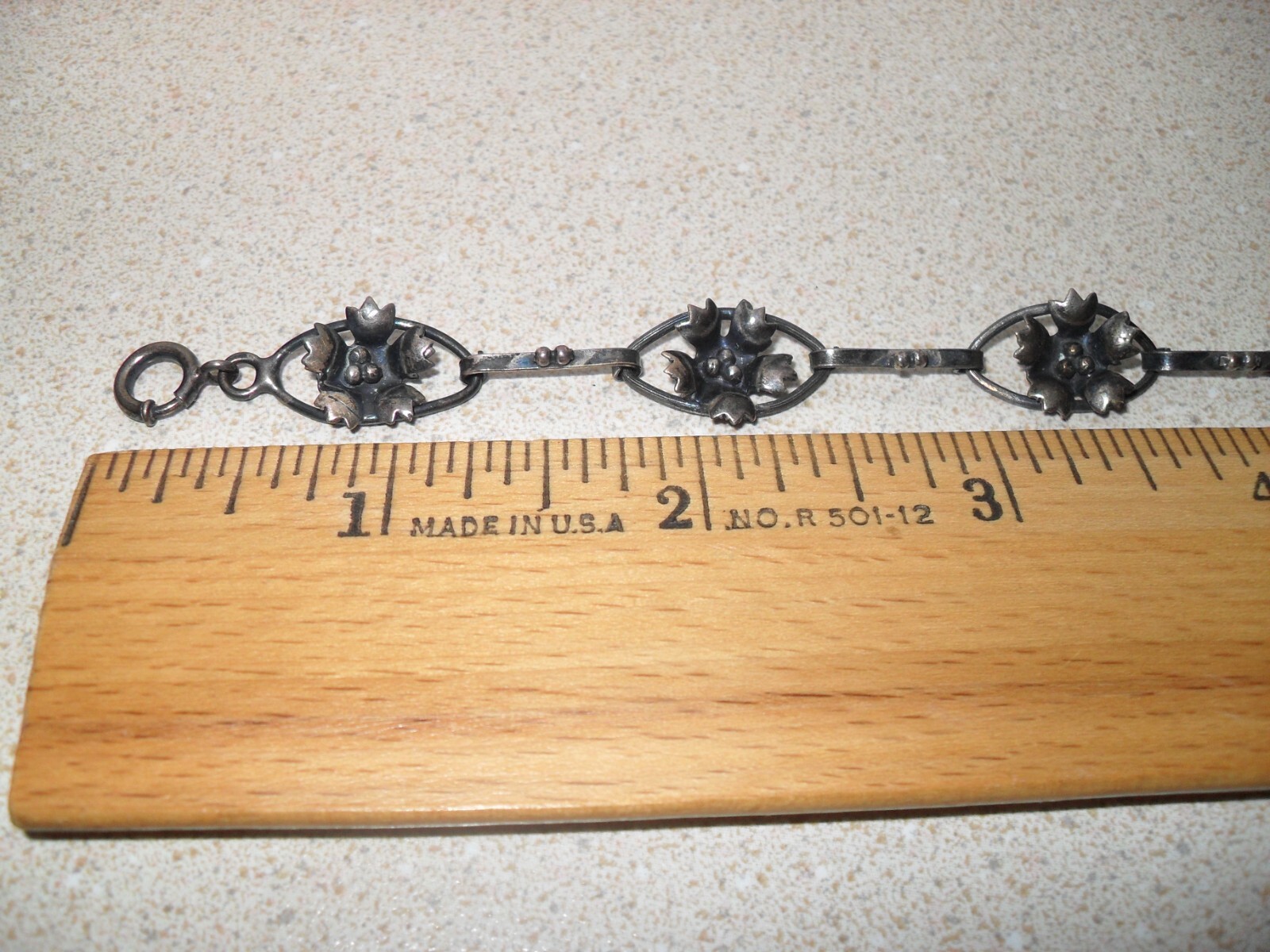 Vtg Sterling Silver Oval Flower Link Bracelet 7 1/2 Inch Art Nouveau Style