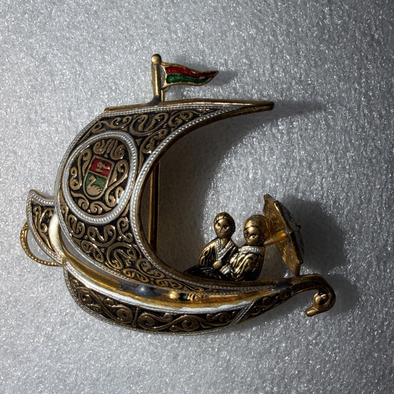 Damascene SAILBOAT PIN Vintage Brooch Goldtone With A Couple Holding Umbrella