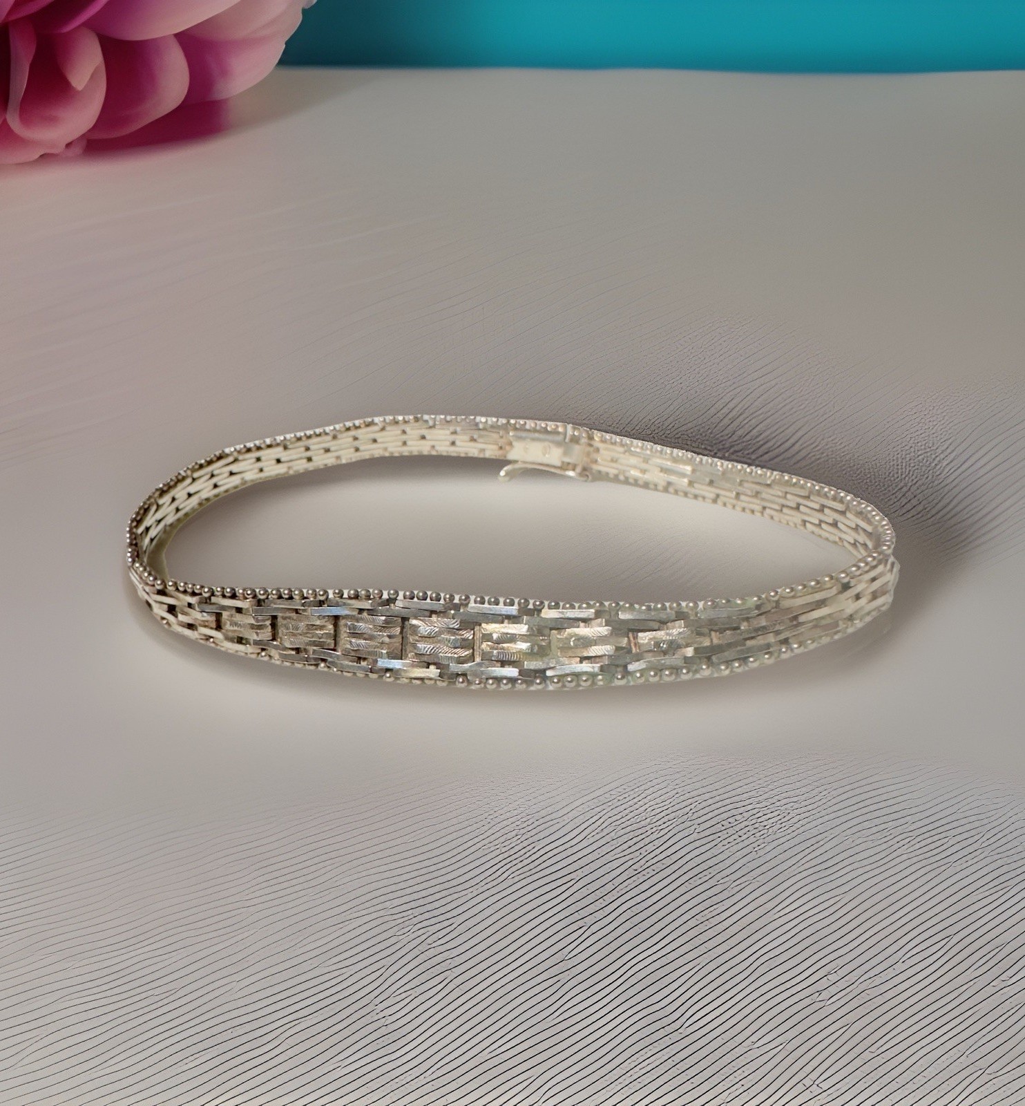 .925 Italian Sterling Tapered Panel Link Bracelet With Beaded Edge 8” VTG BIB