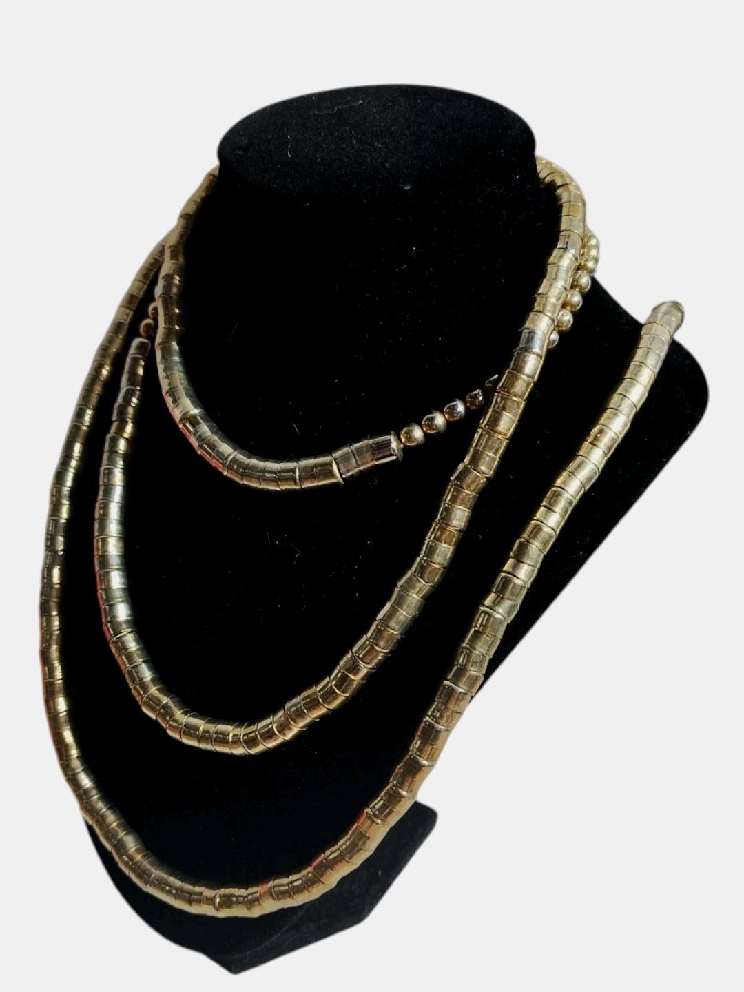 Vintage Retro Long Gold Tone Metal Beaded Statement Costume Flapper Necklace