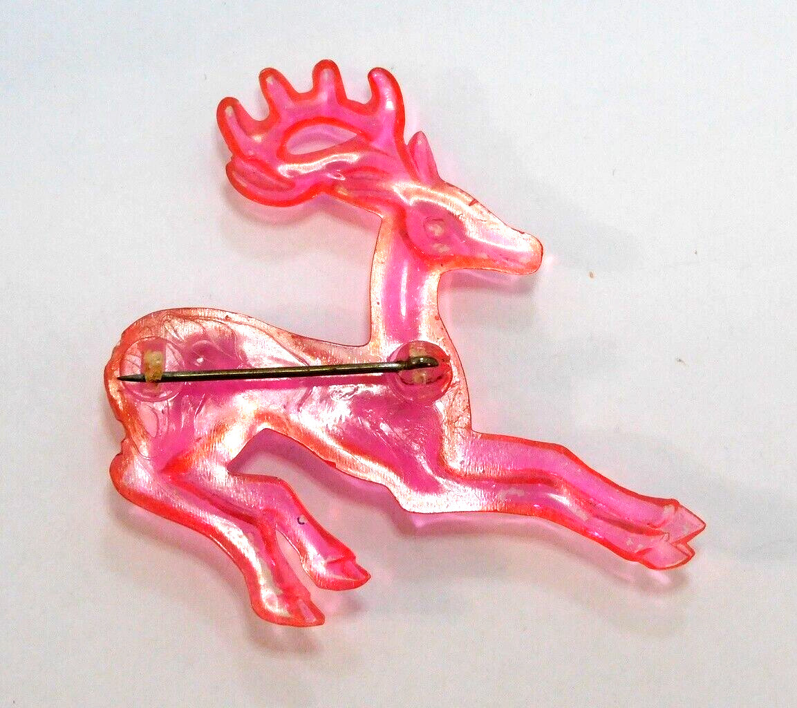 Vintage Christmas Brooch WWII Era Pink Lucite Reindeer Historical Collectible