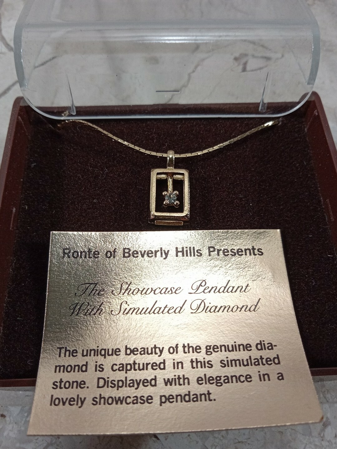 Ronte Beverly Hills VTG Simulated Diamond Shadowbox Necklace 17″ Snake Chain