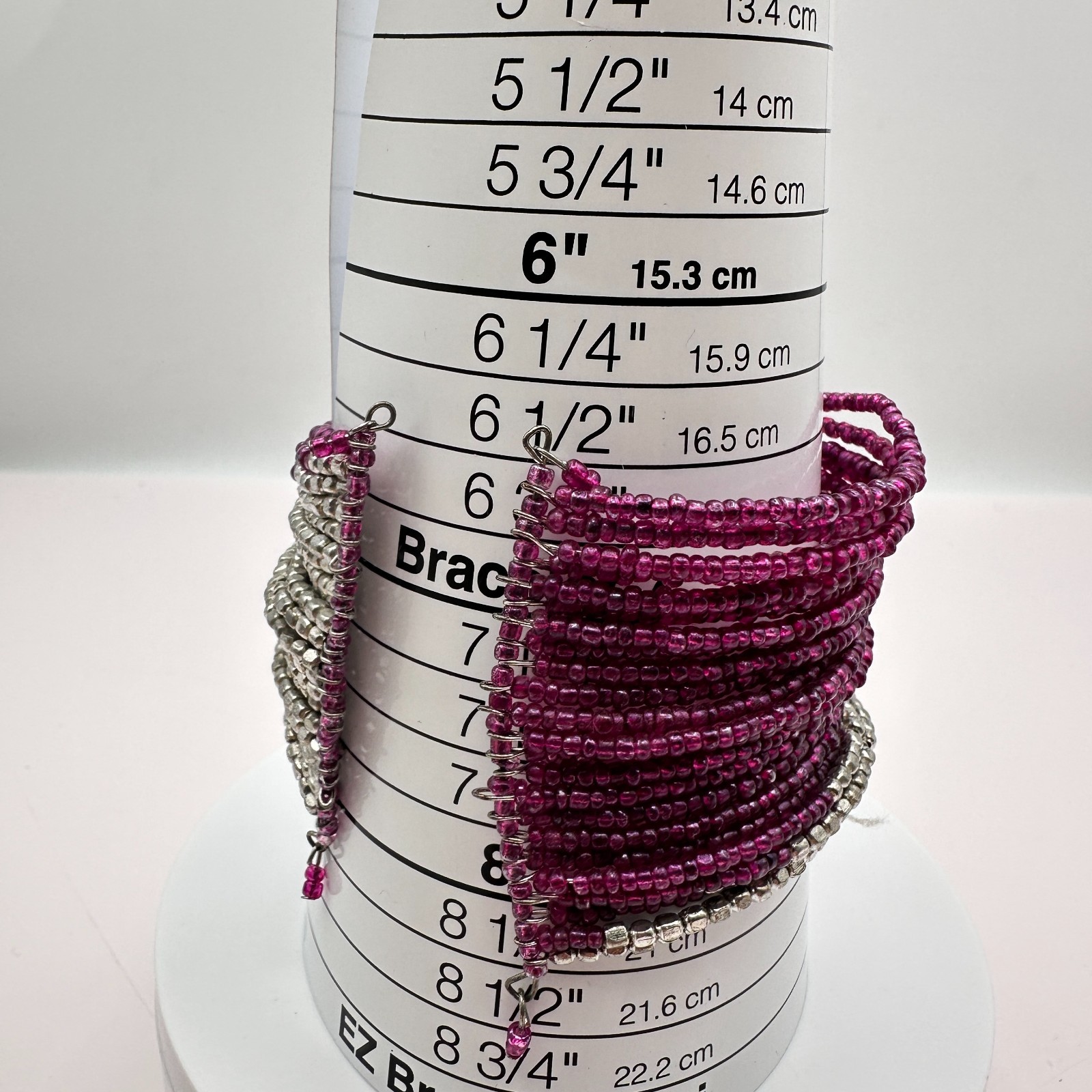 Vintage 90s Magenta Pink &Silver Seed Bead Multi-Strand Wrap Cuff Bracelet Boho