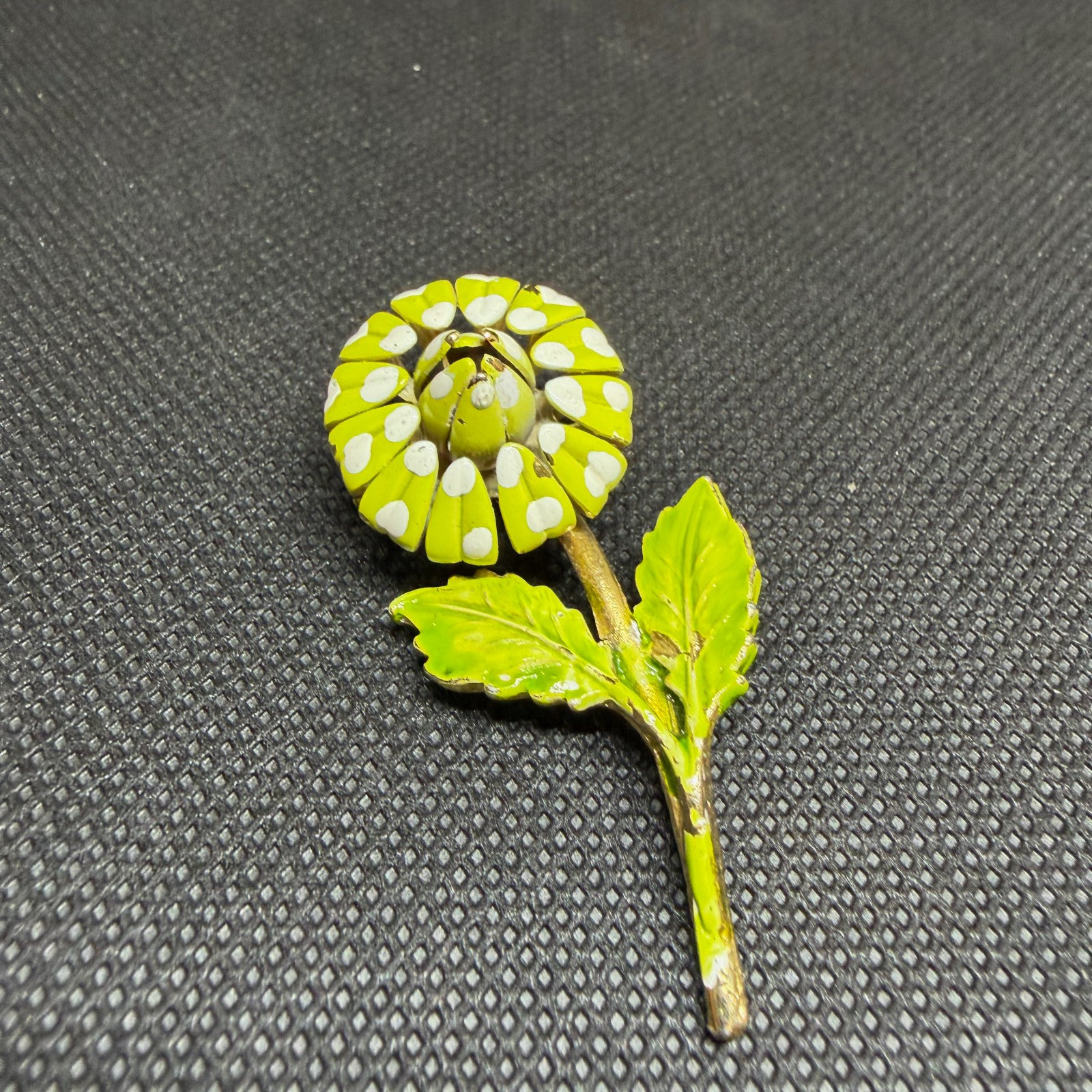 Vtg 1960s Flower Brooch Chartreuse Lime Green White Enamel Polka Dot Mod Pop Art