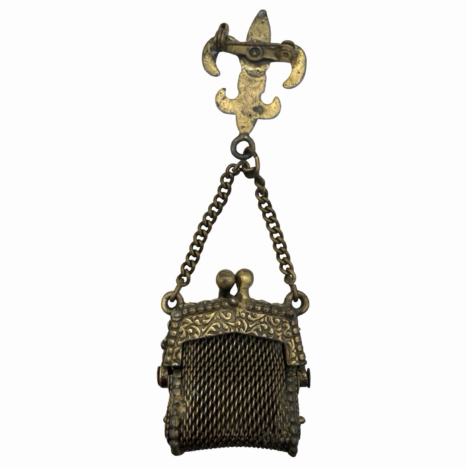 Vintage Fleur de Lis Mesh Coin Purse Brooch Chatelaine Pin Ornate Brass Tone