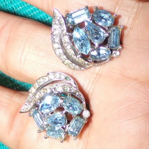 RARE!! signed Crown Trifari earrings with amazing blue stones-OMG!!
