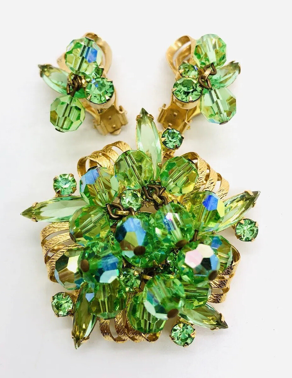 JULIANA Delizza Elster URANIUM GLASS Rhinestone Brooch Earrings Vintage Jewelry