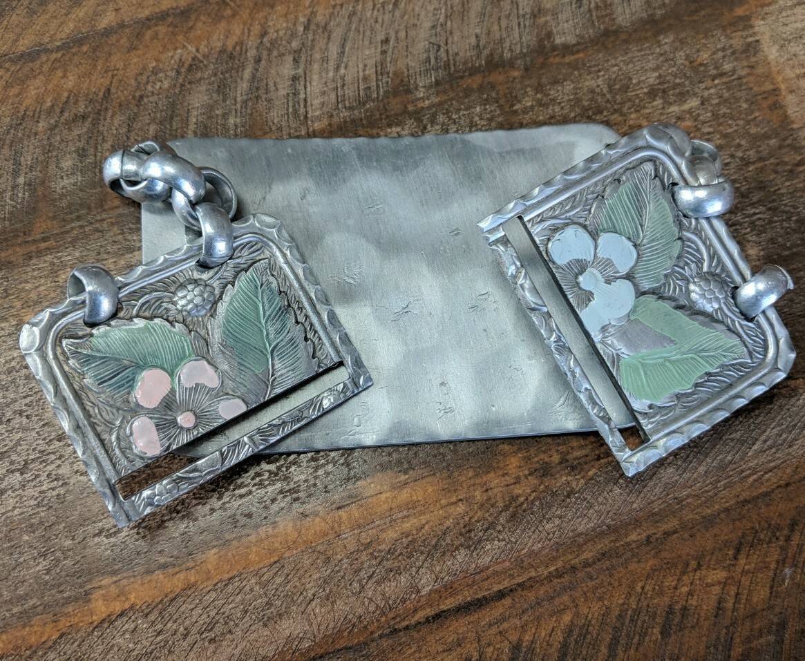 1940s Hammered Aluminum Arts&Crafts Belt Extension? Dogwood Raspberries Enamaled
