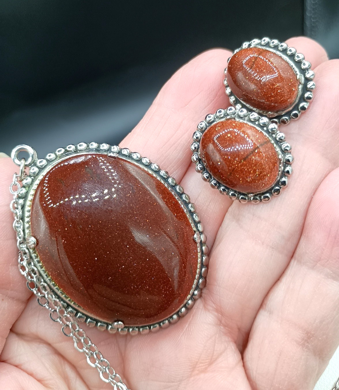 Vintage Goldstone Necklace Clip On Earrings Set Silver Tone