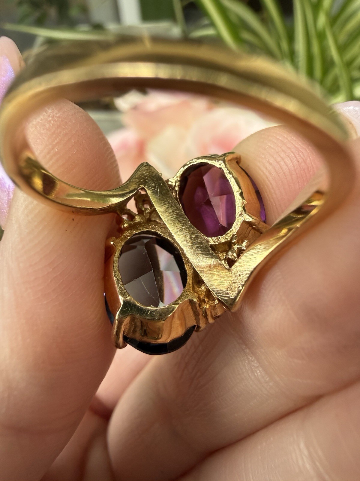 Vintage Multi stone Cocktail Ring Gold Plated Purple And Blue Cz Size 10