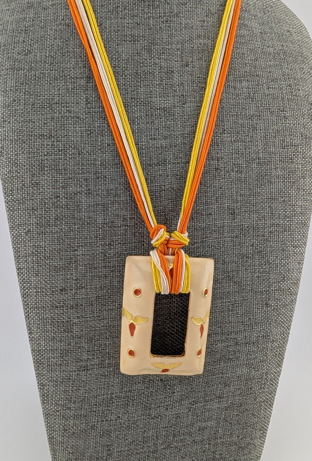 Vintage Gold Tone Fabric String Rectangle Cream Orange Enamel Pendant Necklace