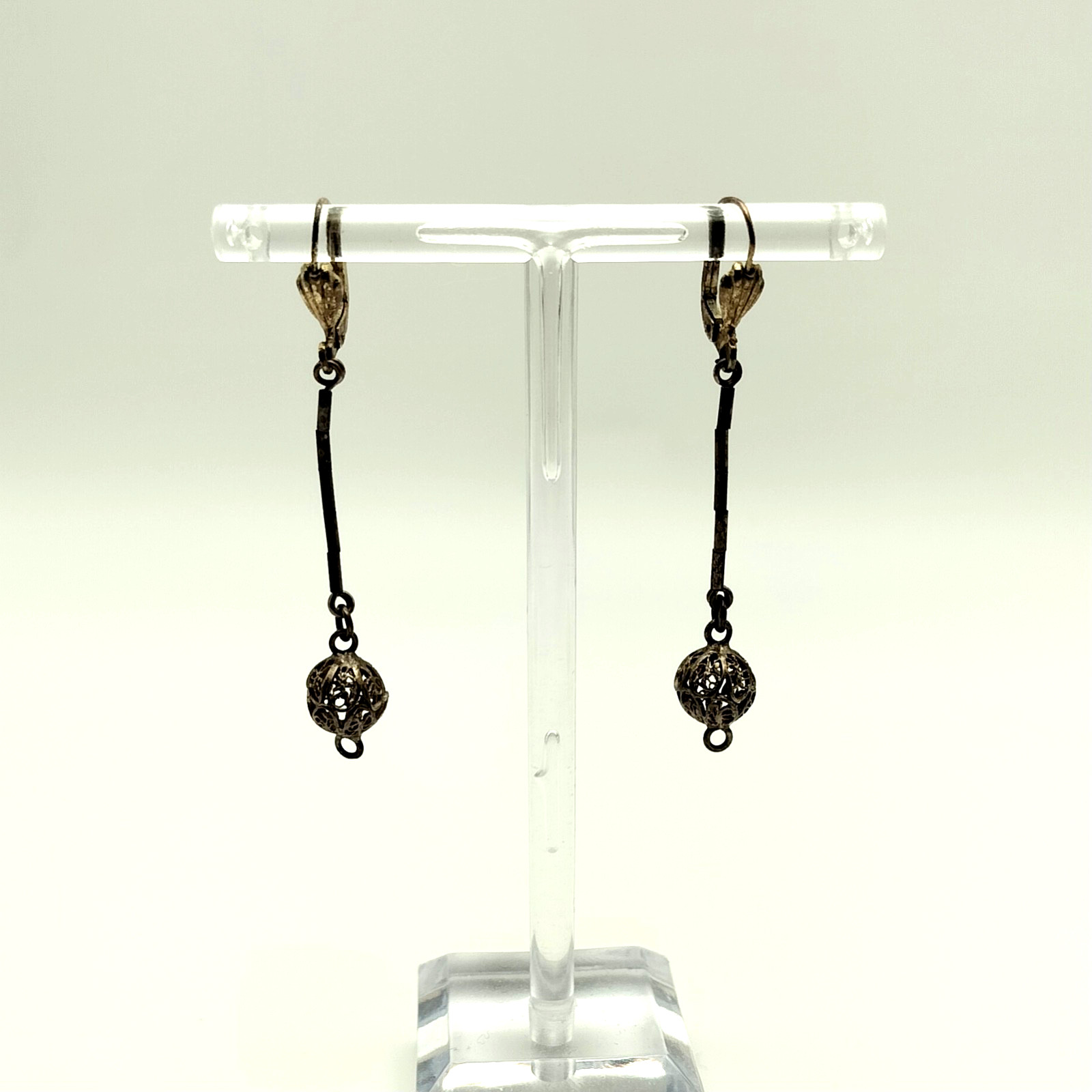 Vtg GES GESCH West Germany PIERCED Dangle Silver Tone Metal Earrings Art Deco