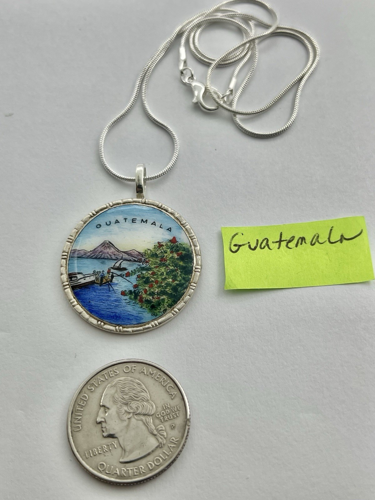 Vintage Upcycled Guatemala Beach Harbor Scene Enamel Travel Souvenir Pendant Fob