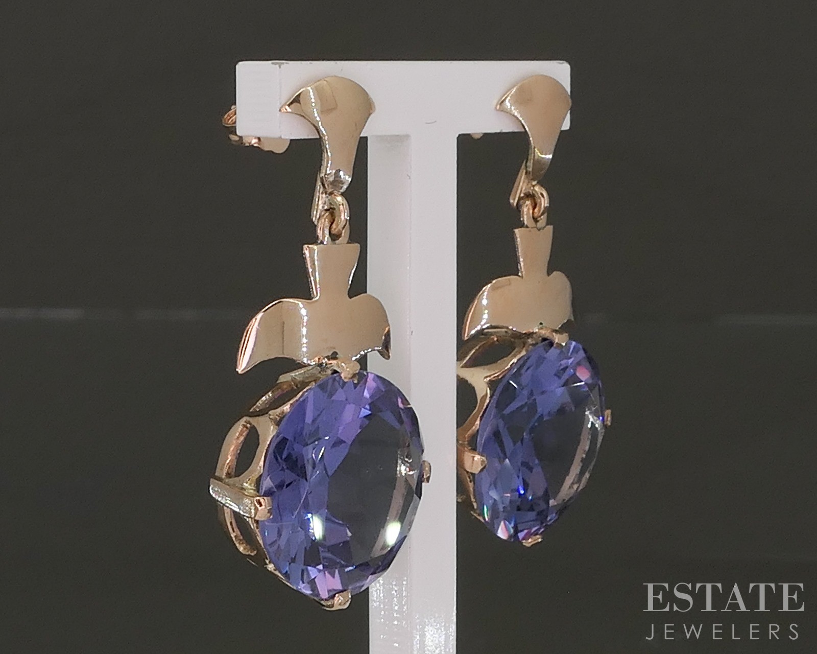 Antique 9k Rose Gold 15mm Color Changing Sapphire Dangle Earrings 8.4g p23202