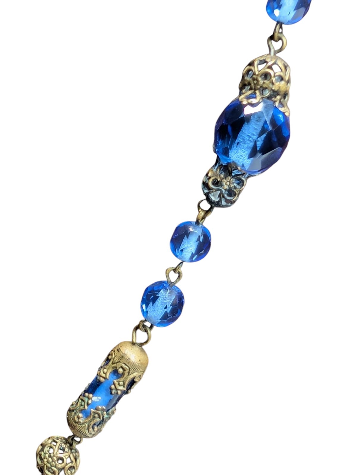 Czech Glass Necklace Blue Lozenge Art Deco Drop Pendant Faceted Filigree