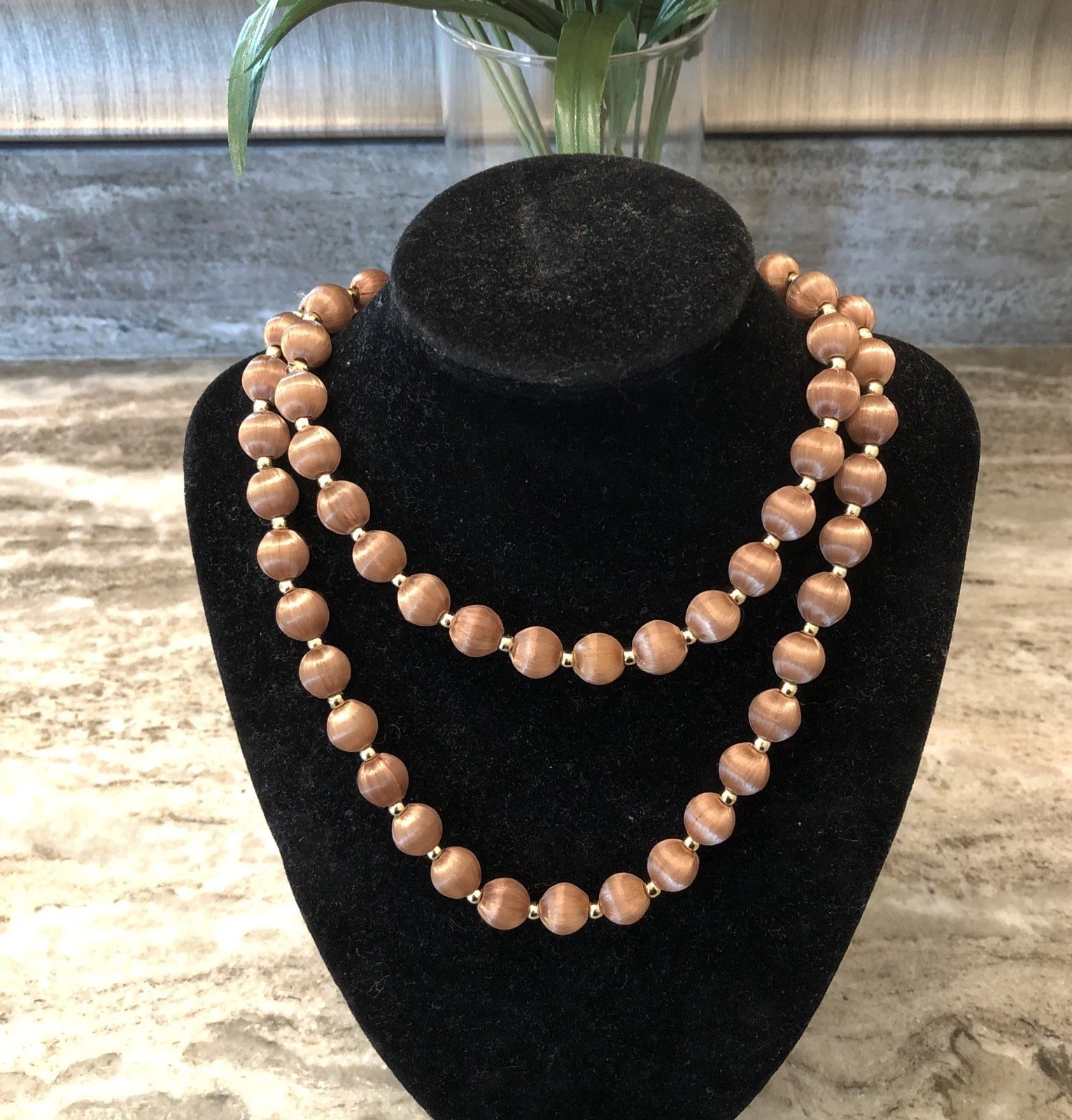Vintage Silk Champagne/Brown With Gold Tone Beaded Necklace Stationary