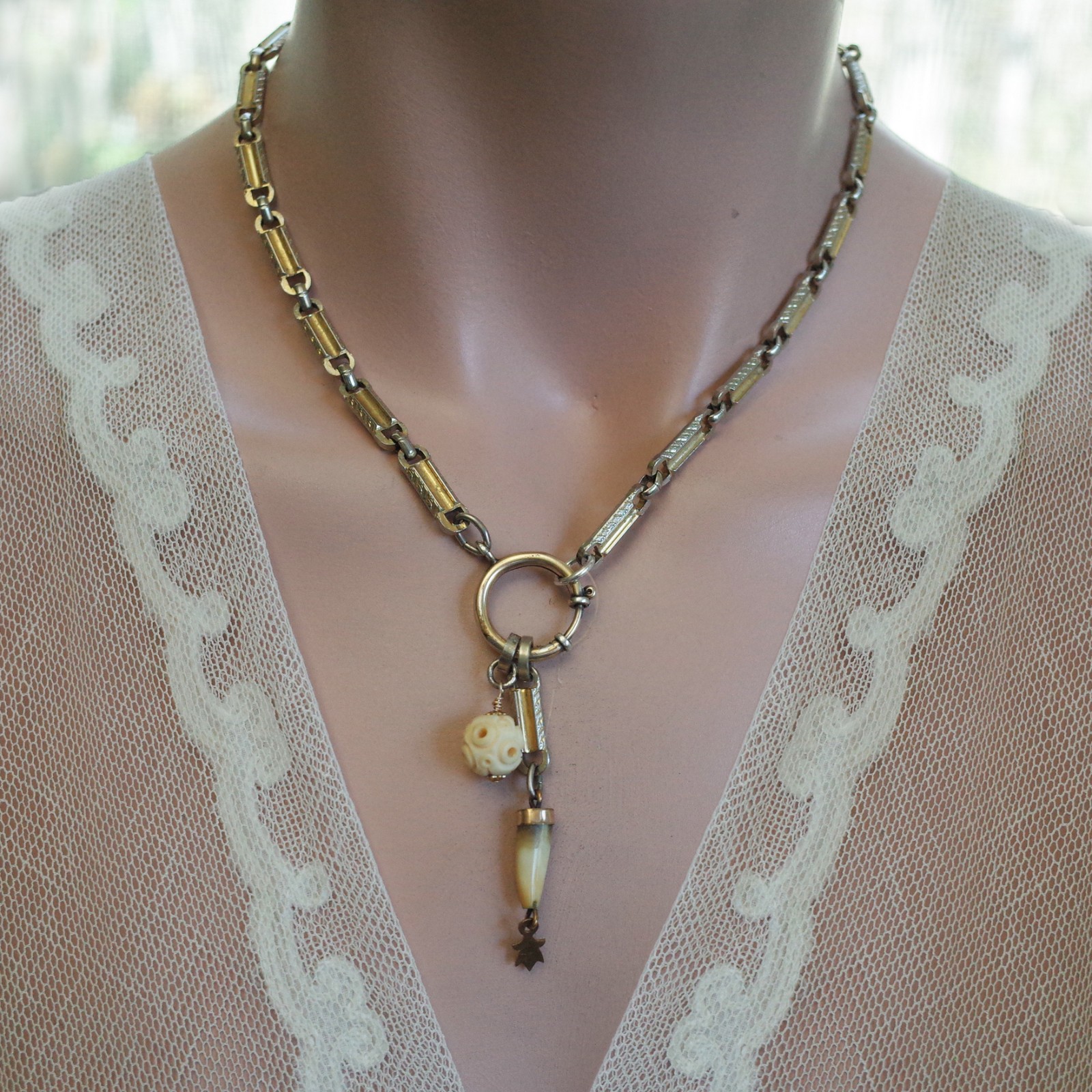 Antique Tooth Fob & Carved Bead Necklace 2 Tone Silver Gold Bar Link Watch Chain