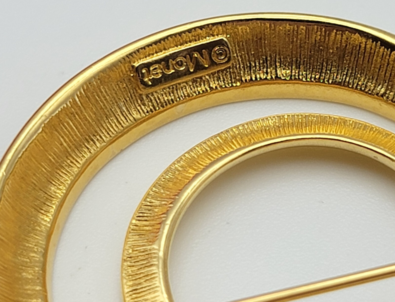 Vintage Signed MONET Gold Tone Brooch Double Circle Open Work 39 mm Modernist