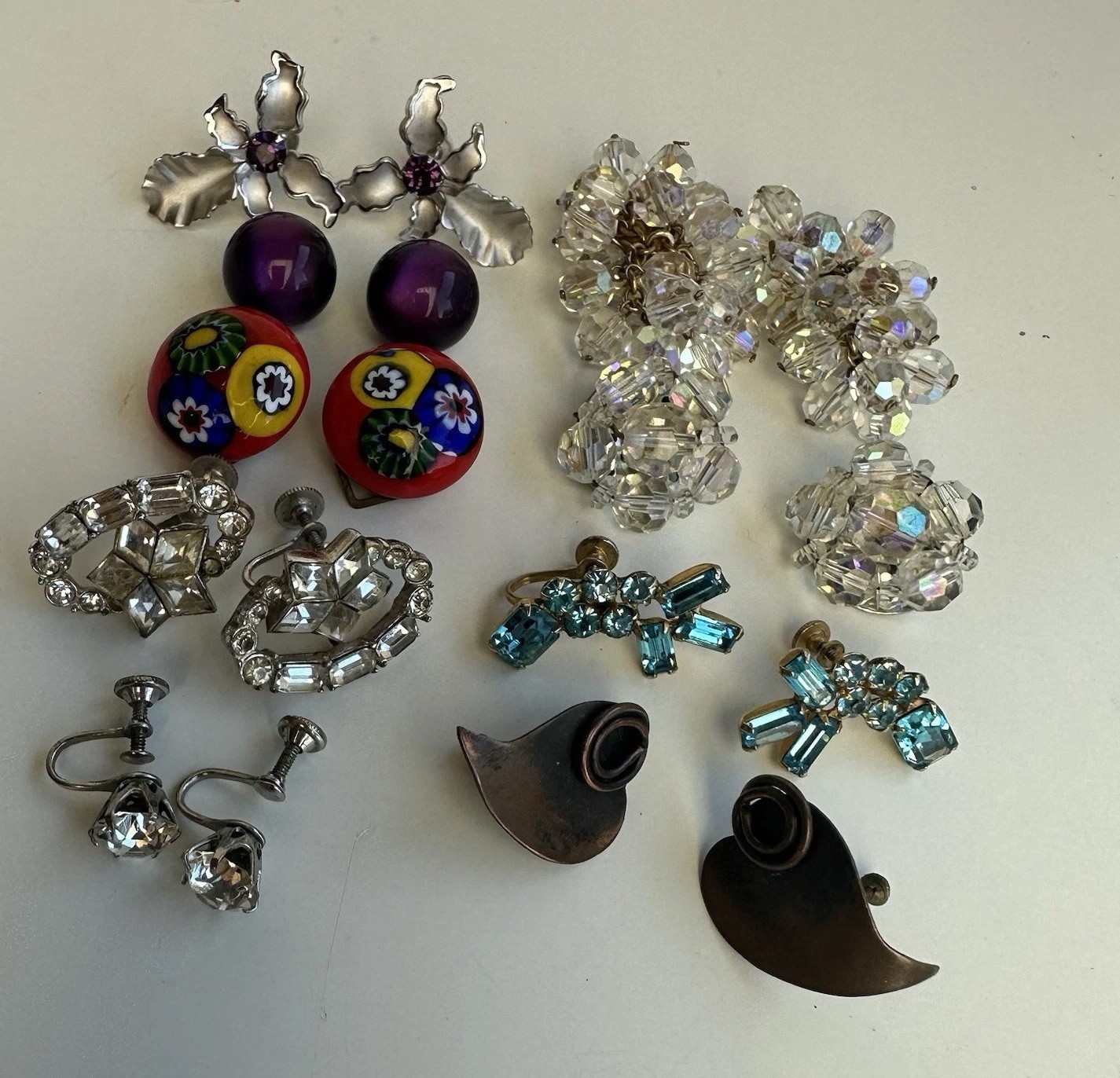 Vintage Clip On Earring Lot Millefiore Hollycraft Star Orchid Moonglow Purple