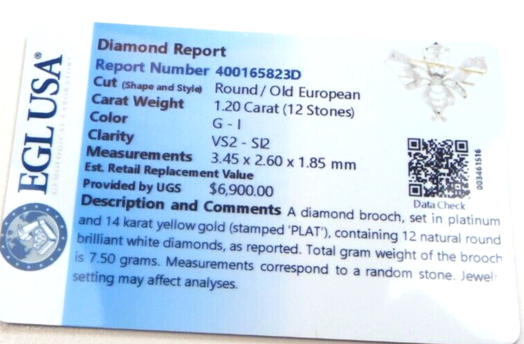 Antique Diamond Butterfly Pin Brooch Pendant Platinum 14KY EGL USA 1.53 x 1.22″