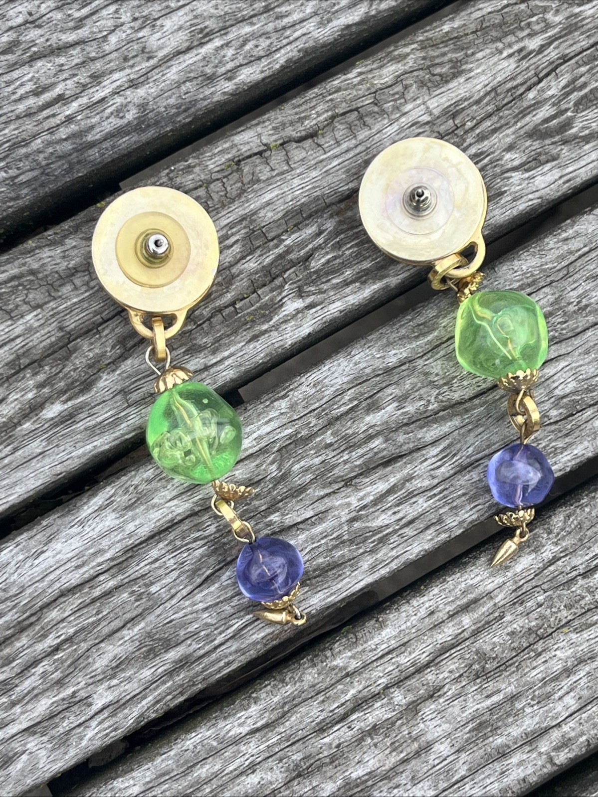 Vintage 1980s Artisan Drop Post Earrings Multi Colored Metal Work Gold Tone