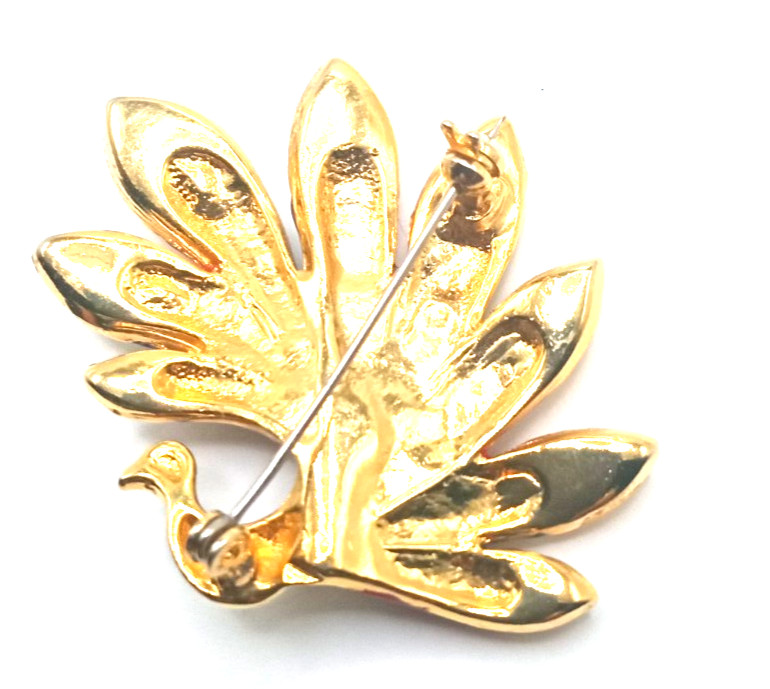 Vtg Gold Tone Blue Red Green Purple Enamel and Rhinestone Lovely Peacock Brooch