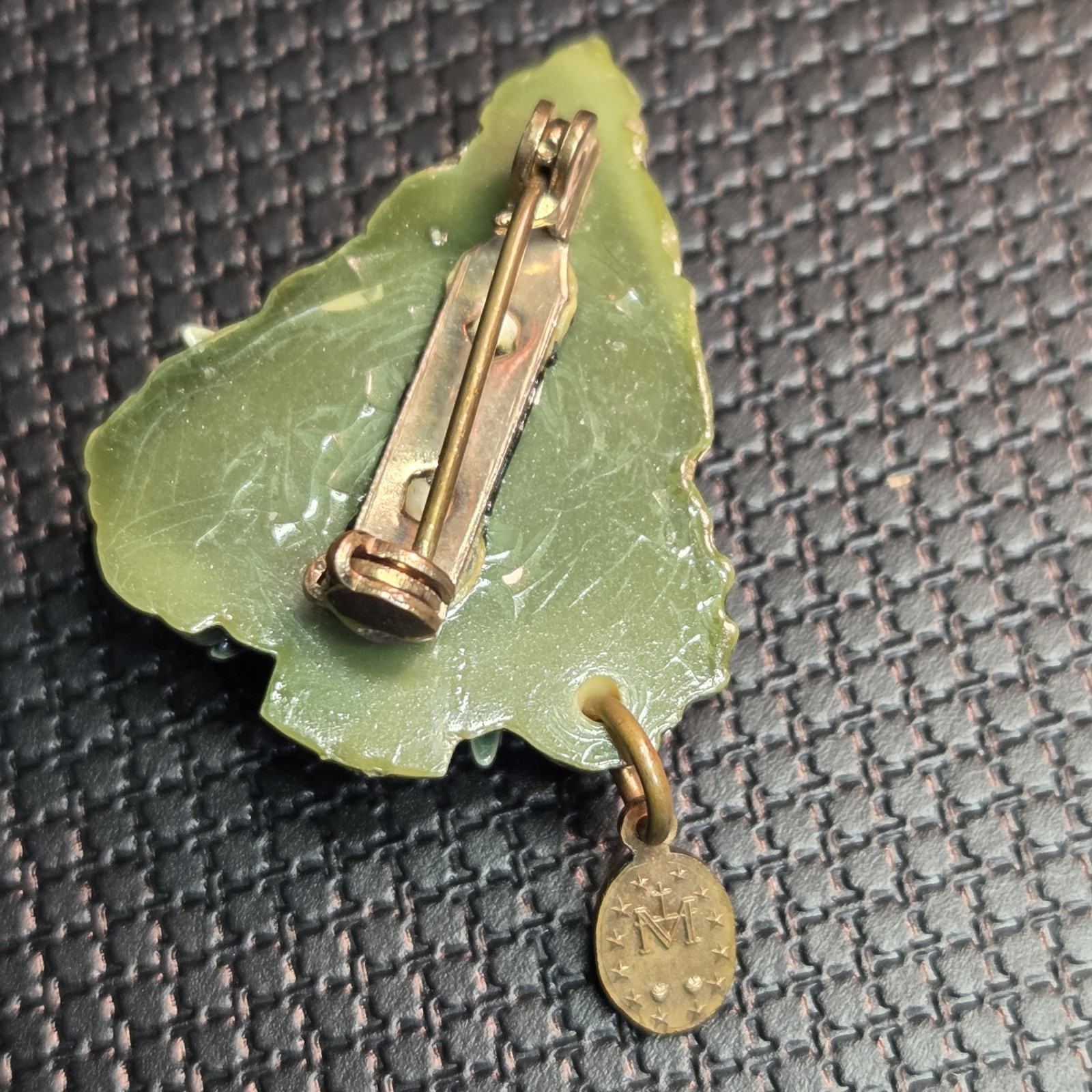 Vintage Christmas Tree Brooch w/ Dangling Micro Devotional Virgin Mary Catholic