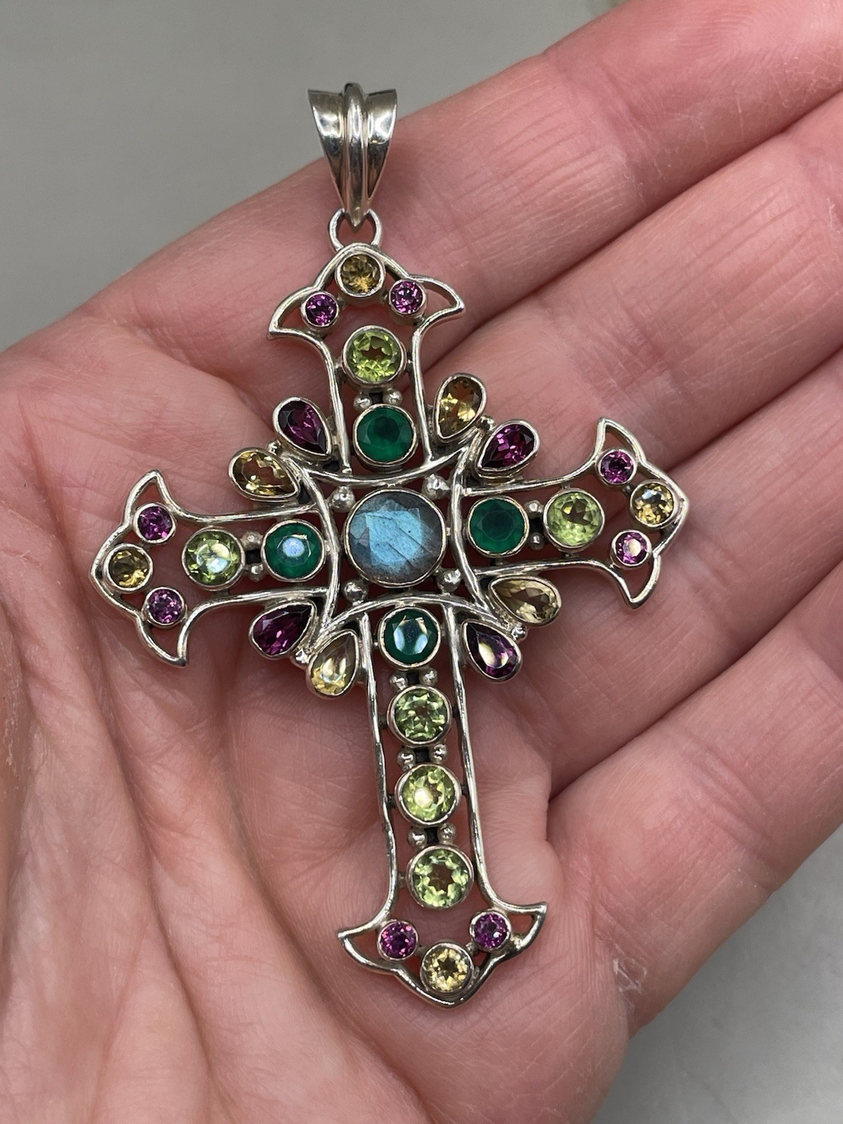 NICKY BUTLER MULTI GEMSTONE STERLING SILVER 925 CROSS CRUCIFIX 2.75” PENDANT NIB