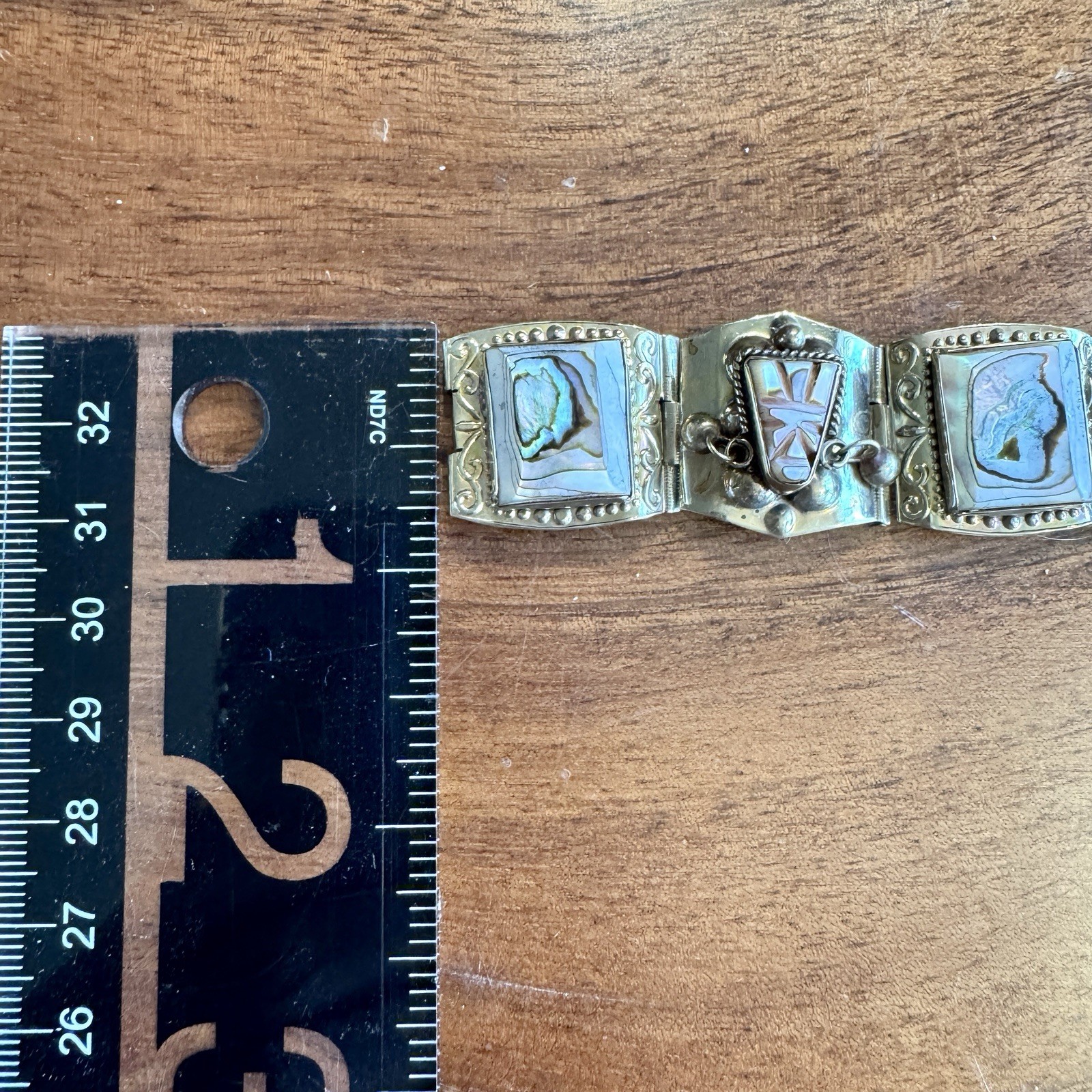 Vintage Mexico JZ Alpaca Silver Abalone Panel Bracelet Tribal Boho 7.25”